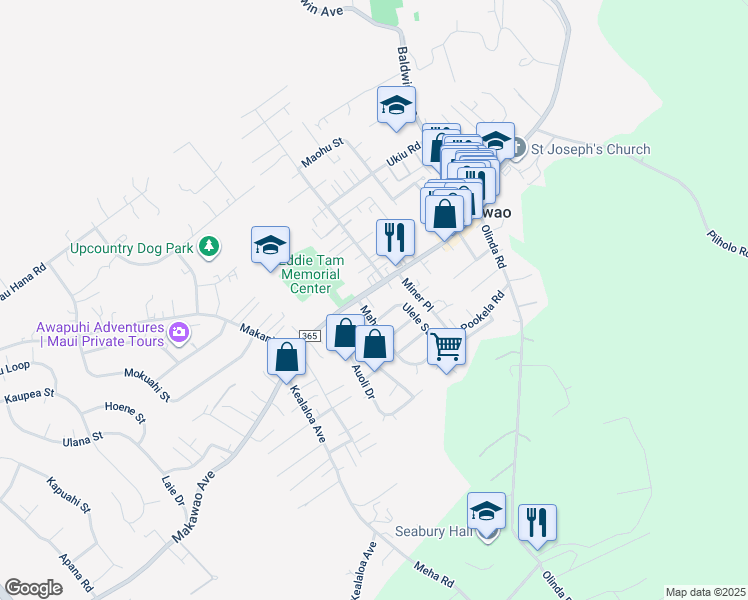 map of restaurants, bars, coffee shops, grocery stores, and more near 980A Makawao Avenue in Makawao