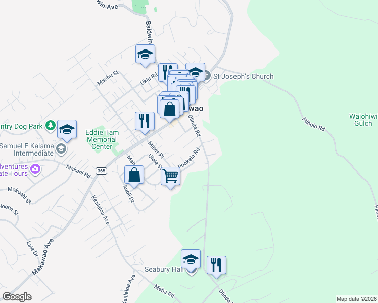 map of restaurants, bars, coffee shops, grocery stores, and more near 1087A Pookela Road in Makawao