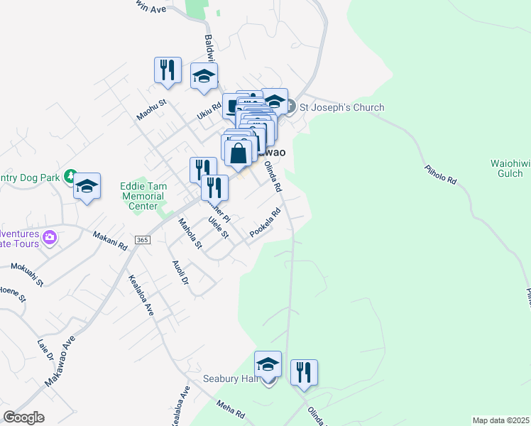 map of restaurants, bars, coffee shops, grocery stores, and more near 1115 Pookela Road in Makawao