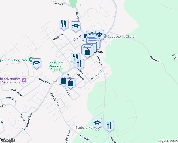 map of restaurants, bars, coffee shops, grocery stores, and more near 1101 Malu Place in Makawao