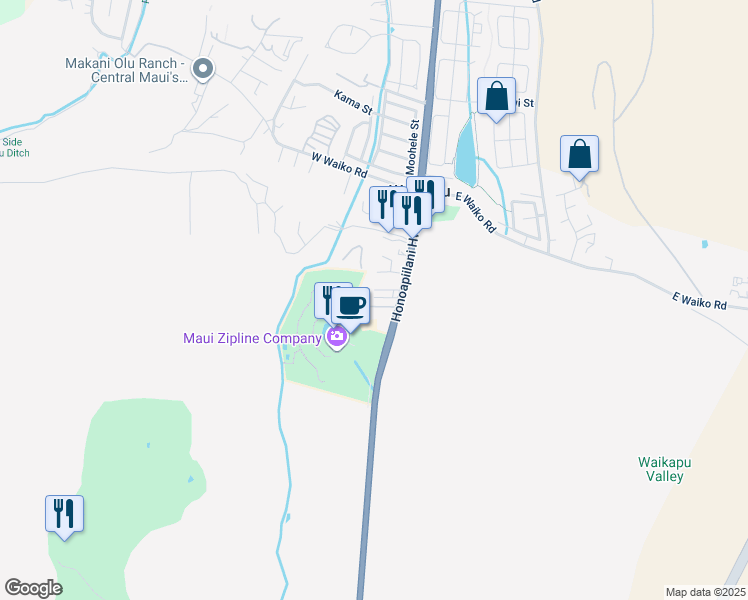 map of restaurants, bars, coffee shops, grocery stores, and more near 37 Olo Place in Wailuku