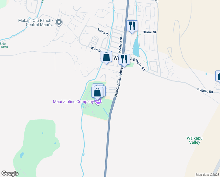 map of restaurants, bars, coffee shops, grocery stores, and more near 33 Olo Place in Wailuku