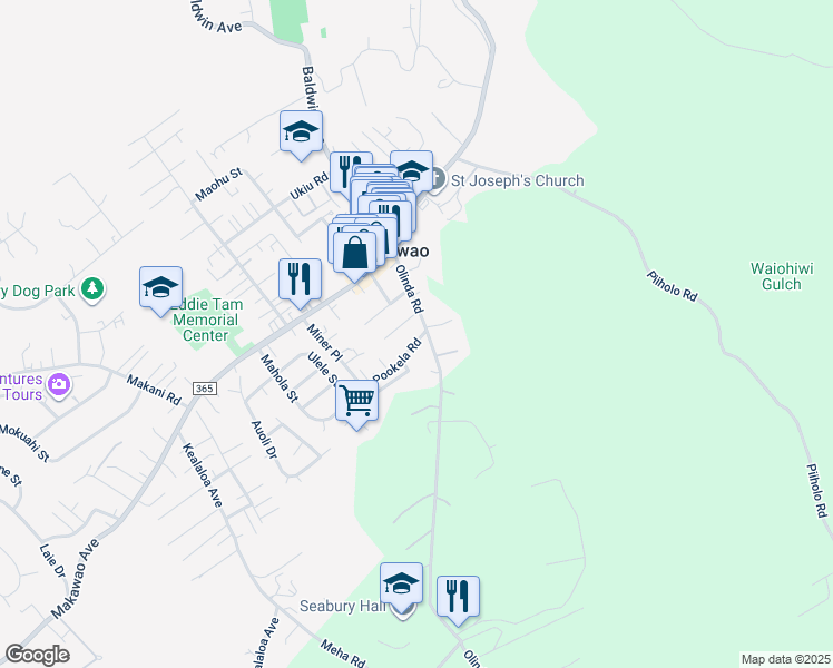 map of restaurants, bars, coffee shops, grocery stores, and more near 1141 Pookela Road in Makawao