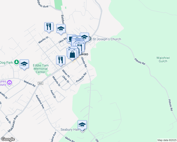 map of restaurants, bars, coffee shops, grocery stores, and more near 117 Olinda Road in Makawao