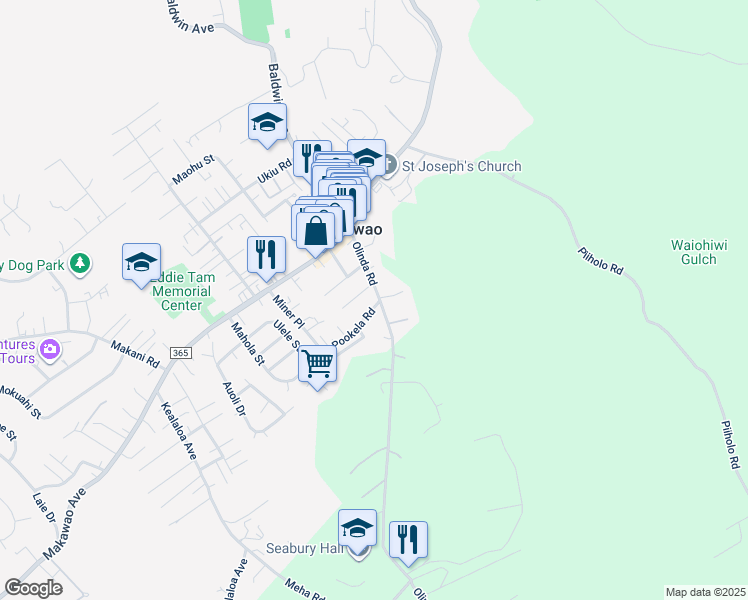 map of restaurants, bars, coffee shops, grocery stores, and more near 1151 Pookela Road in Makawao