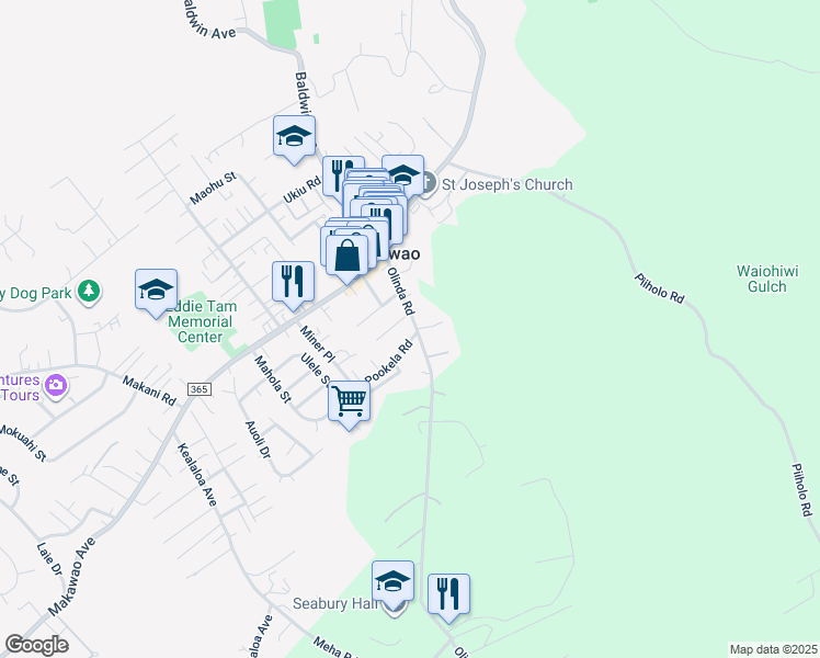 map of restaurants, bars, coffee shops, grocery stores, and more near 1151 Pookela Road in Makawao