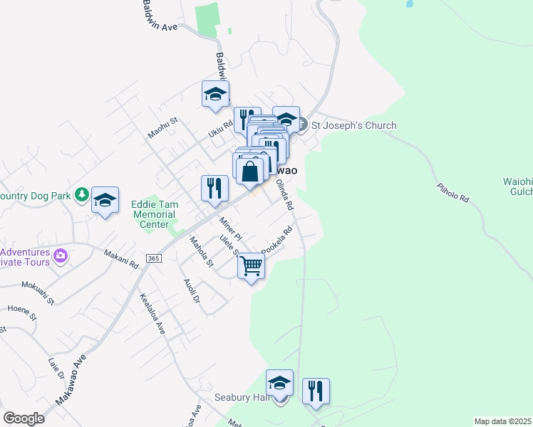 map of restaurants, bars, coffee shops, grocery stores, and more near 1125 Malu Place in Makawao