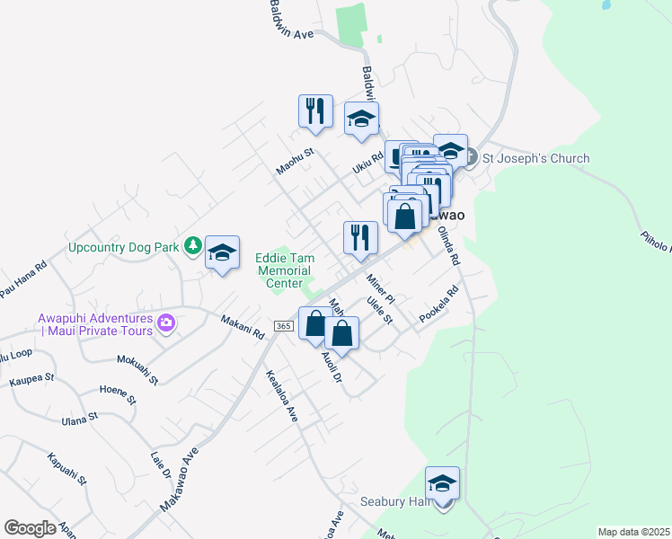 map of restaurants, bars, coffee shops, grocery stores, and more near 9 Maha Road in Makawao