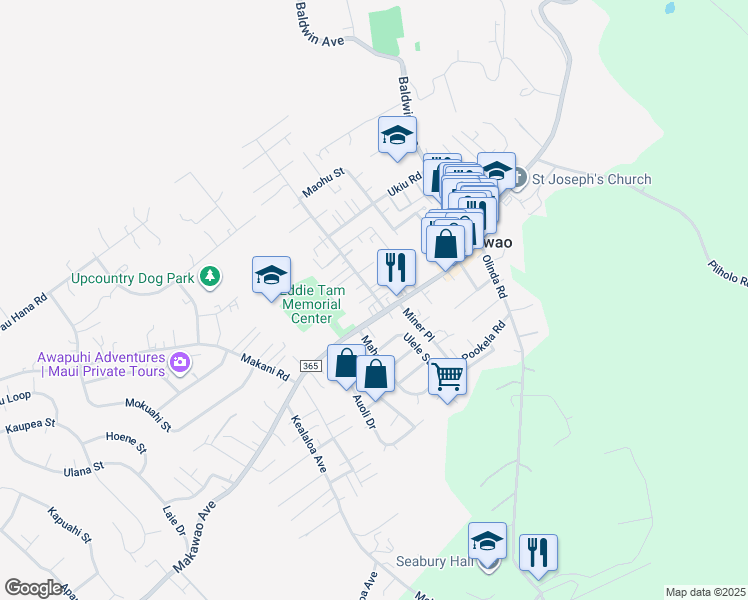 map of restaurants, bars, coffee shops, grocery stores, and more near 9 Maha Road in Makawao