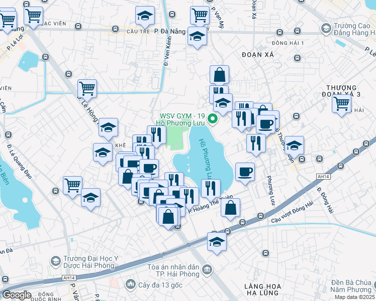 map of restaurants, bars, coffee shops, grocery stores, and more near Đường quanh hồ Phương Lưu in Hai Phong