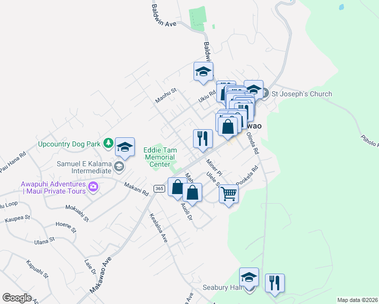 map of restaurants, bars, coffee shops, grocery stores, and more near 29 Maha Road in Makawao