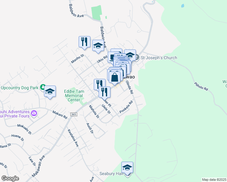 map of restaurants, bars, coffee shops, grocery stores, and more near 1074 County Route 365 in Makawao