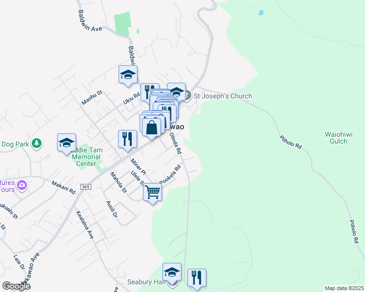 map of restaurants, bars, coffee shops, grocery stores, and more near 63 Olinda Road in Makawao