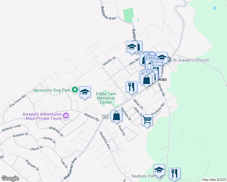 map of restaurants, bars, coffee shops, grocery stores, and more near 980 Hoomahana Place in Makawao