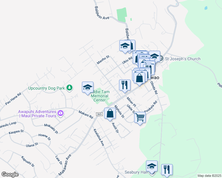 map of restaurants, bars, coffee shops, grocery stores, and more near 67 Maha Road in Makawao