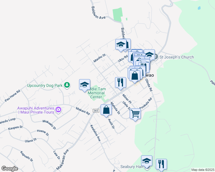 map of restaurants, bars, coffee shops, grocery stores, and more near 67 Maha Road in Makawao