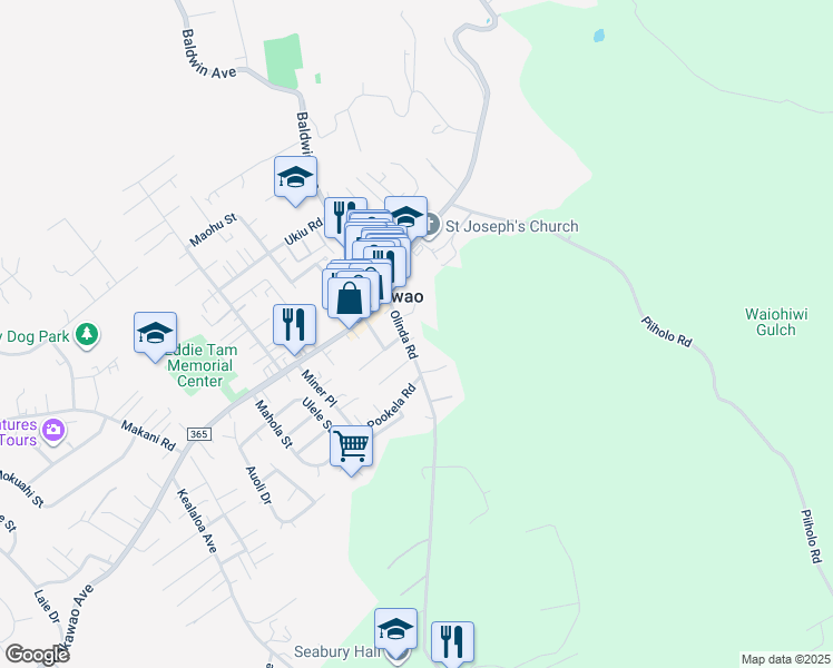 map of restaurants, bars, coffee shops, grocery stores, and more near 63 Olinda Road in Makawao
