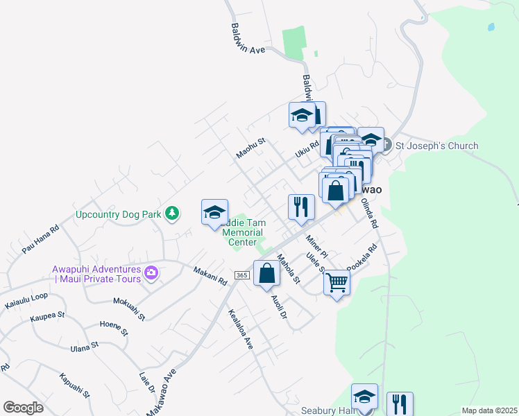 map of restaurants, bars, coffee shops, grocery stores, and more near 991 Hoomahana Place in Makawao
