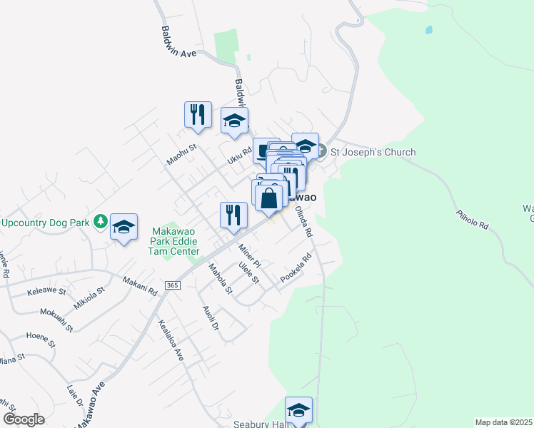 map of restaurants, bars, coffee shops, grocery stores, and more near 1127 Makawao Avenue in Makawao