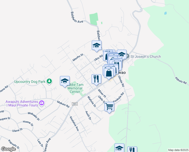 map of restaurants, bars, coffee shops, grocery stores, and more near 1119 Mahanani Place in Makawao