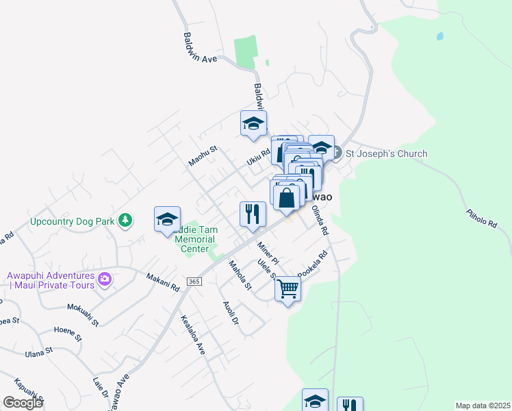 map of restaurants, bars, coffee shops, grocery stores, and more near 1128 Mahanani Place in Makawao