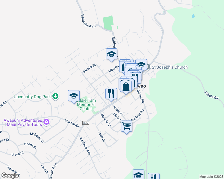 map of restaurants, bars, coffee shops, grocery stores, and more near 1128 Mahanani Place in Makawao