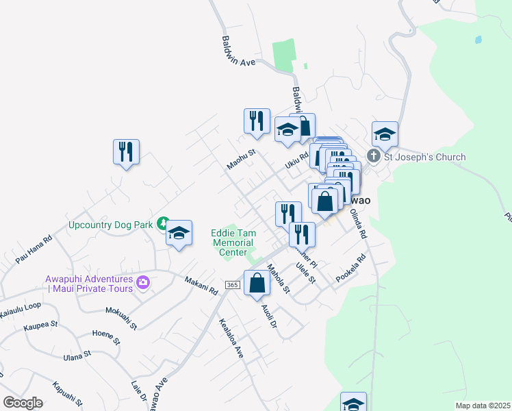 map of restaurants, bars, coffee shops, grocery stores, and more near 991 Hoomahana Place in Makawao