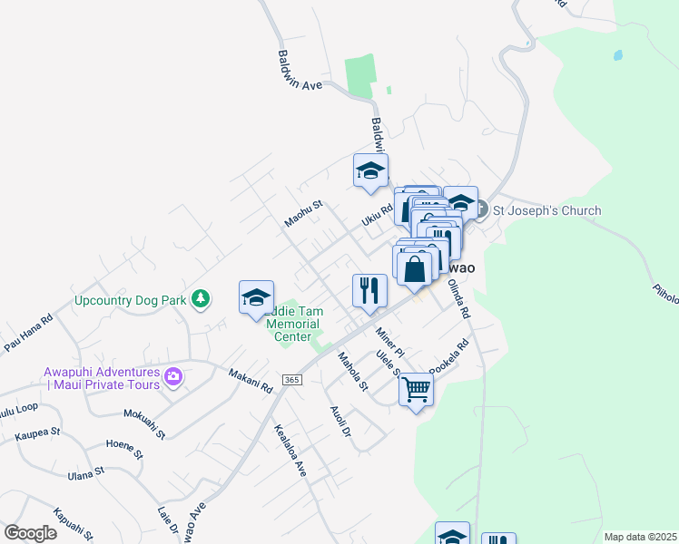 map of restaurants, bars, coffee shops, grocery stores, and more near 1045 Mahanani Place in Makawao