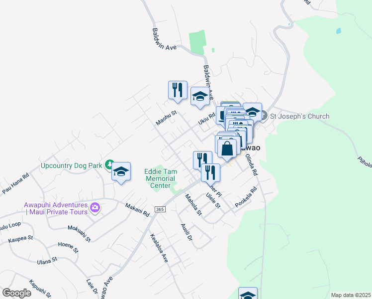 map of restaurants, bars, coffee shops, grocery stores, and more near 1045 Mahanani Place in Makawao