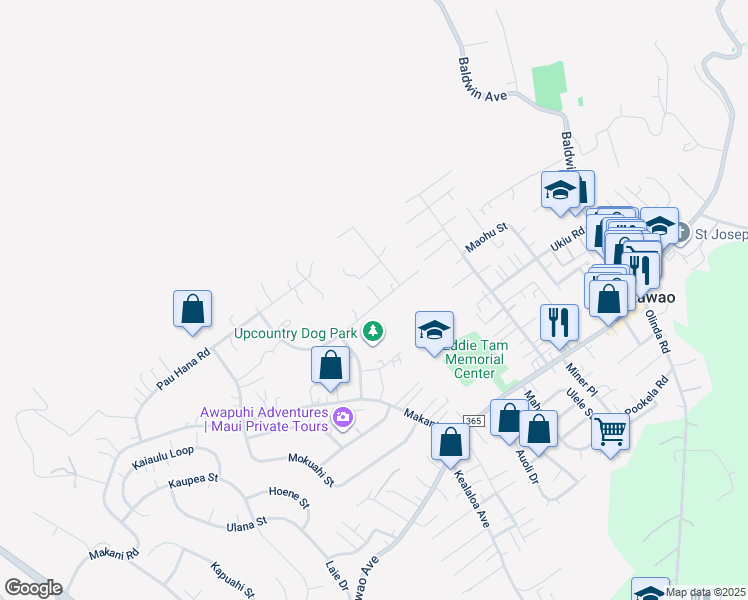 map of restaurants, bars, coffee shops, grocery stores, and more near 80 Hoomaha Road in Makawao