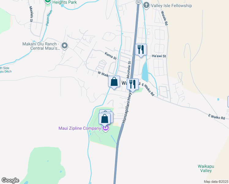 map of restaurants, bars, coffee shops, grocery stores, and more near 75 Wilikona Place in Wailuku