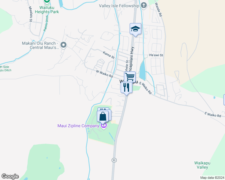 map of restaurants, bars, coffee shops, grocery stores, and more near 75 Wilikona Place in Wailuku