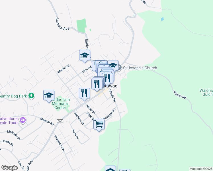 map of restaurants, bars, coffee shops, grocery stores, and more near 3682 Baldwin Avenue in Makawao