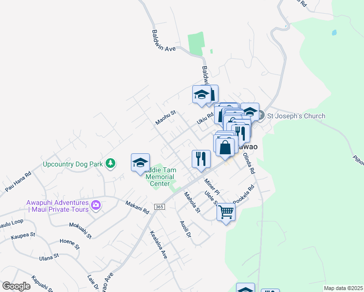 map of restaurants, bars, coffee shops, grocery stores, and more near 1041 Mahanani Place in Makawao