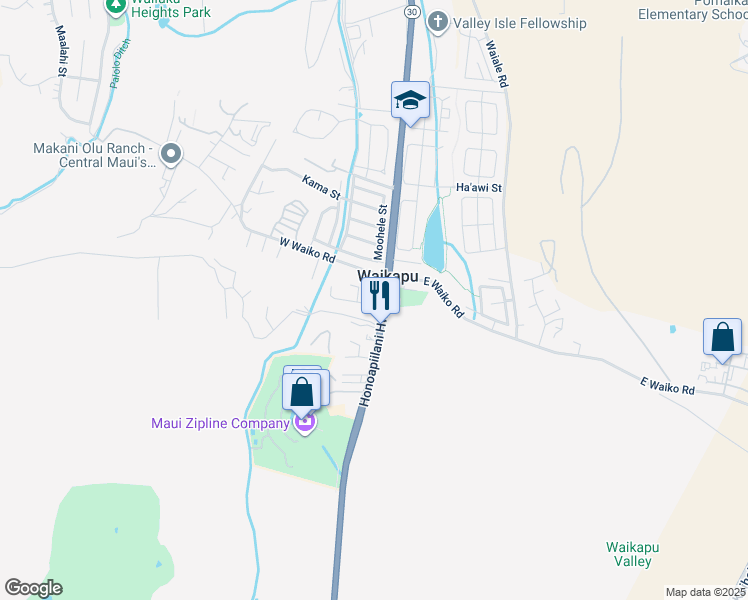 map of restaurants, bars, coffee shops, grocery stores, and more near 1460 Keilio Place in Wailuku