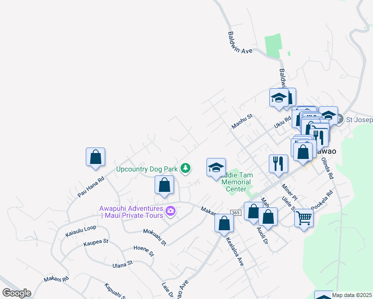 map of restaurants, bars, coffee shops, grocery stores, and more near 80 Hoomaha Road in Makawao