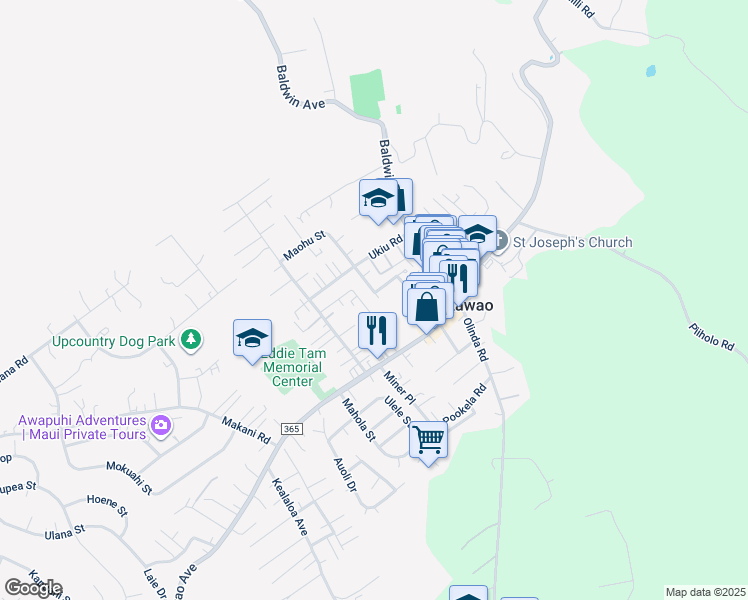 map of restaurants, bars, coffee shops, grocery stores, and more near 3604 Pahala Street in Makawao