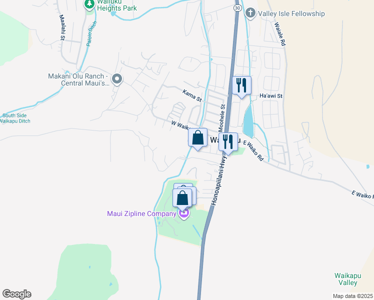 map of restaurants, bars, coffee shops, grocery stores, and more near 1520 Kilinoe Place in Wailuku