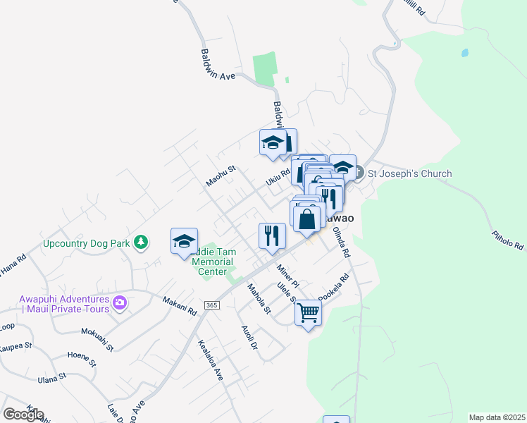 map of restaurants, bars, coffee shops, grocery stores, and more near 1090 Mahanani Place in Makawao