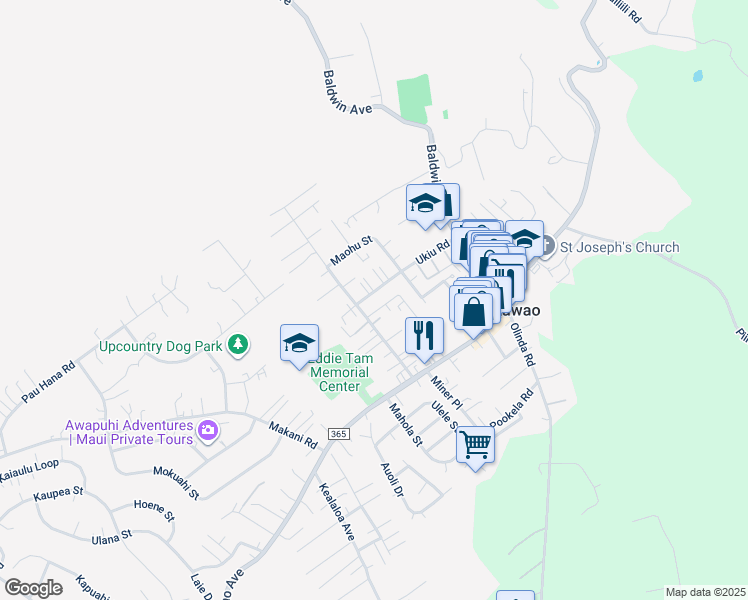 map of restaurants, bars, coffee shops, grocery stores, and more near 1020 Ukiu Road in Makawao