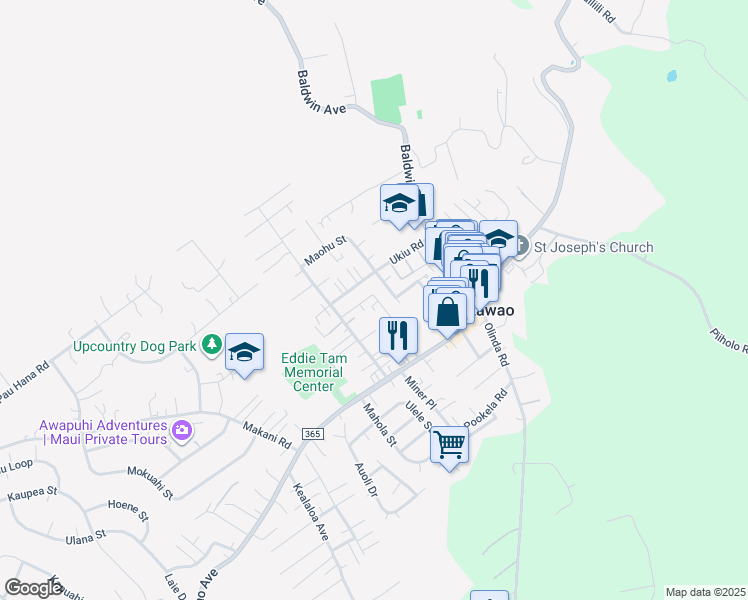 map of restaurants, bars, coffee shops, grocery stores, and more near 1075 Mahanani Place in Makawao