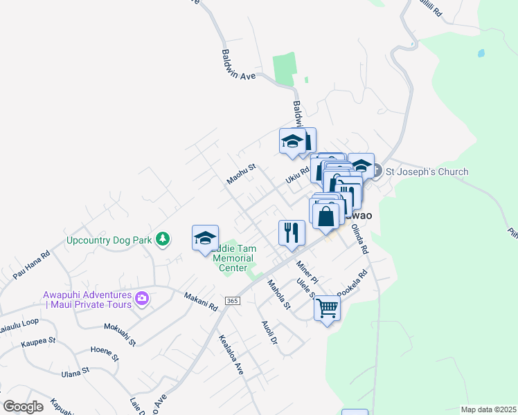 map of restaurants, bars, coffee shops, grocery stores, and more near 1020 Ukiu Road in Makawao