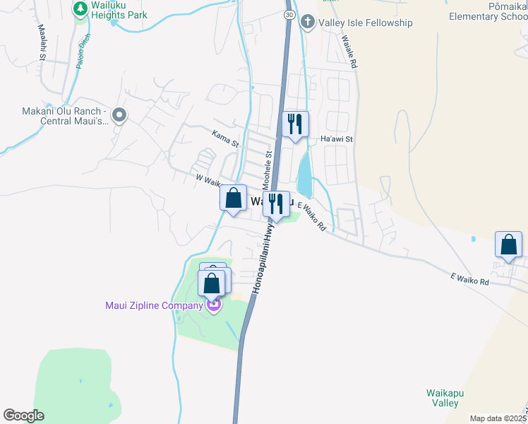 map of restaurants, bars, coffee shops, grocery stores, and more near 1448 Keilio Place in Wailuku