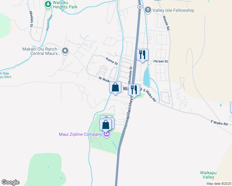 map of restaurants, bars, coffee shops, grocery stores, and more near 30 Oia Way in Wailuku