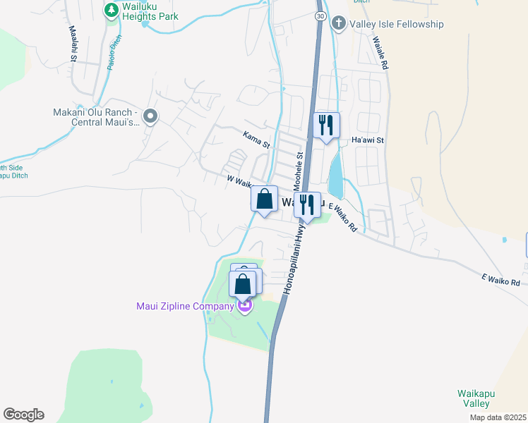 map of restaurants, bars, coffee shops, grocery stores, and more near 30 Oia Way in Wailuku