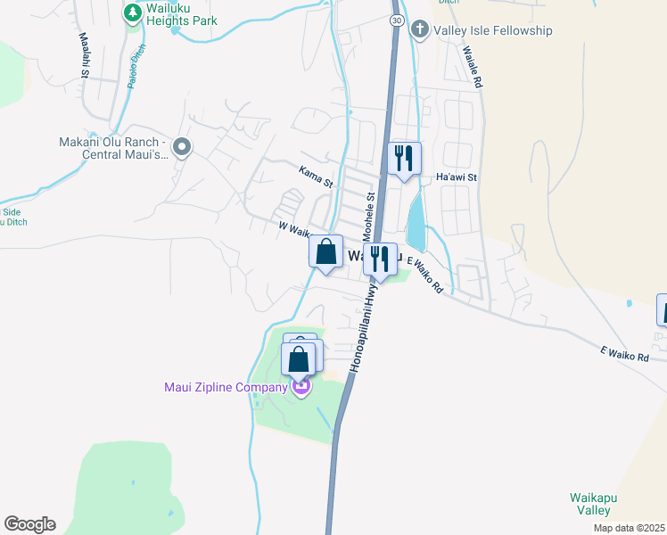 map of restaurants, bars, coffee shops, grocery stores, and more near 1431 Kemoa Place in Wailuku
