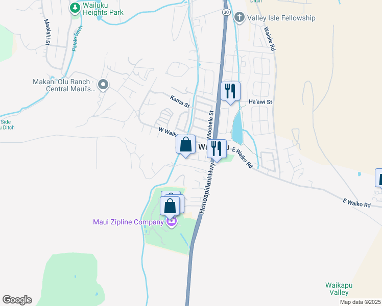 map of restaurants, bars, coffee shops, grocery stores, and more near 1431 Kemoa Place in Wailuku