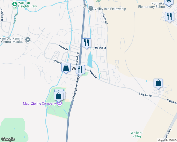 map of restaurants, bars, coffee shops, grocery stores, and more near 52 East Waiko Road in Wailuku