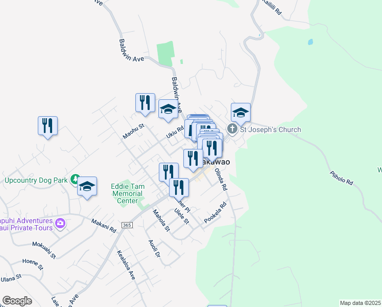 map of restaurants, bars, coffee shops, grocery stores, and more near 1144 Nakui Street in Makawao