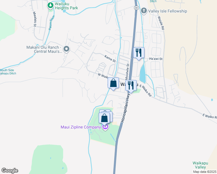 map of restaurants, bars, coffee shops, grocery stores, and more near 1505 Kilinoe Place in Wailuku